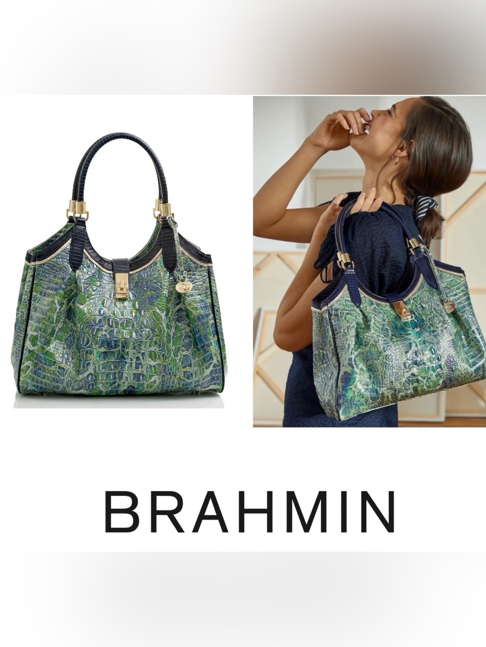 Brahmin Celia Green Viper Mackay Bag Green in Genuine Leather